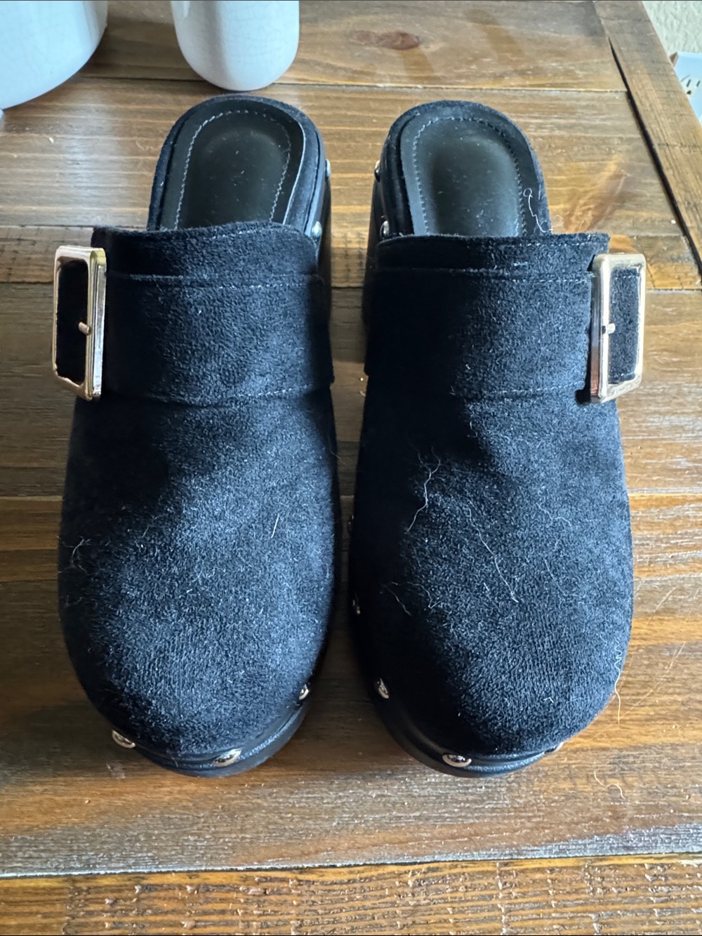 Black Suede Buckle Clog Mules